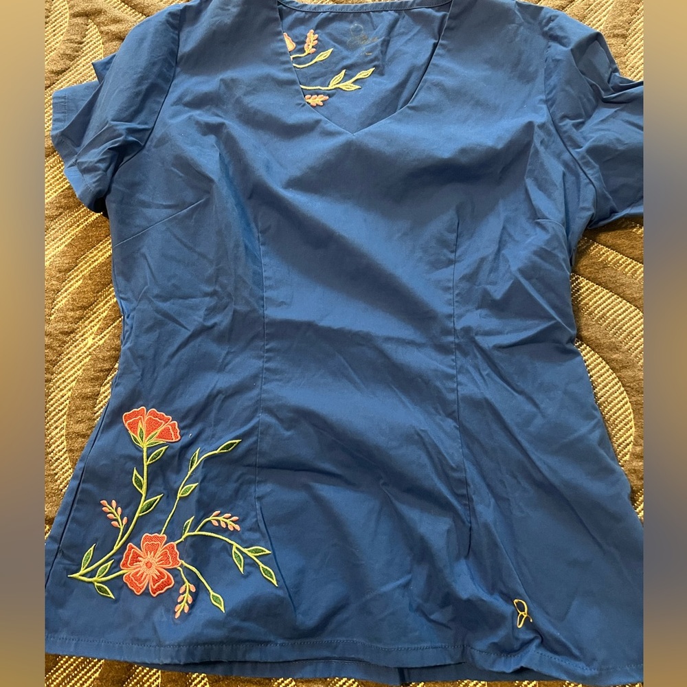 Jaanuu Royal Blue V-Neck Top with Orange Floral Embroidery